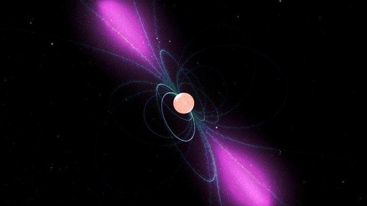 Künstlerische Illustration eines Pulsars | Bildquelle: NASA/Goddard Space  Illustration eines Sterns, um ihn herum auf einer Ebene mehrere Kringel, links oben und rechts unten davon violettte Flächen