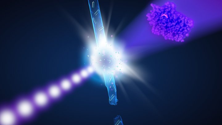 Künstlerische Darstellung des ersten Experiments am European XFEL | Bildquelle:  DESY/Lucid Berlin In der Mitte der Illustration befindet sich eine sternförmige Struktur.