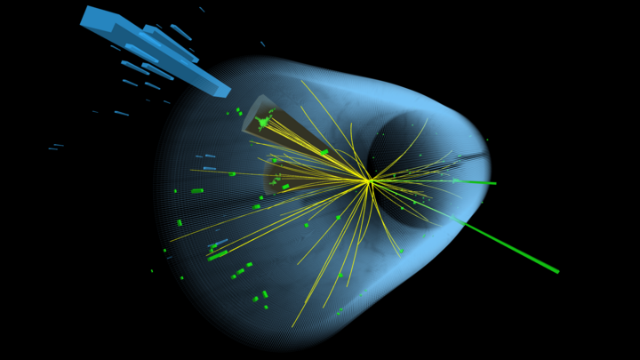 Zerfall des Higgs-Bosons | Bildquelle: Thomas Mc Cauley/CMS  Die Illustration zeigt einen Zylinder, durch den verschiene Linien verlaufen.
